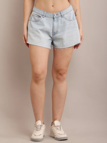 Cotton Light-Wash Distressed Denim Shorts