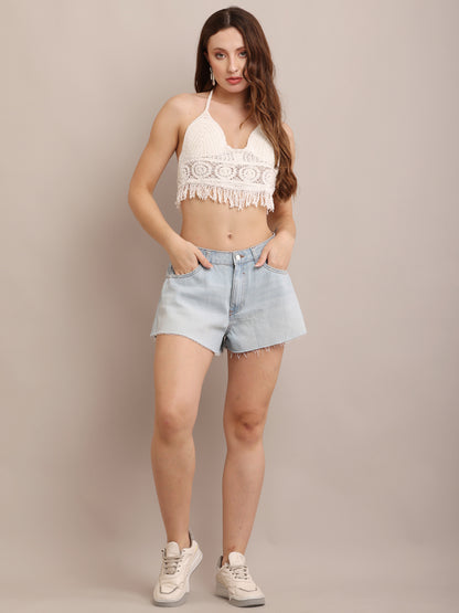 Cotton Light-Wash Distressed Denim Shorts