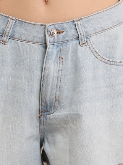 Cotton Light-Wash Distressed Denim Shorts
