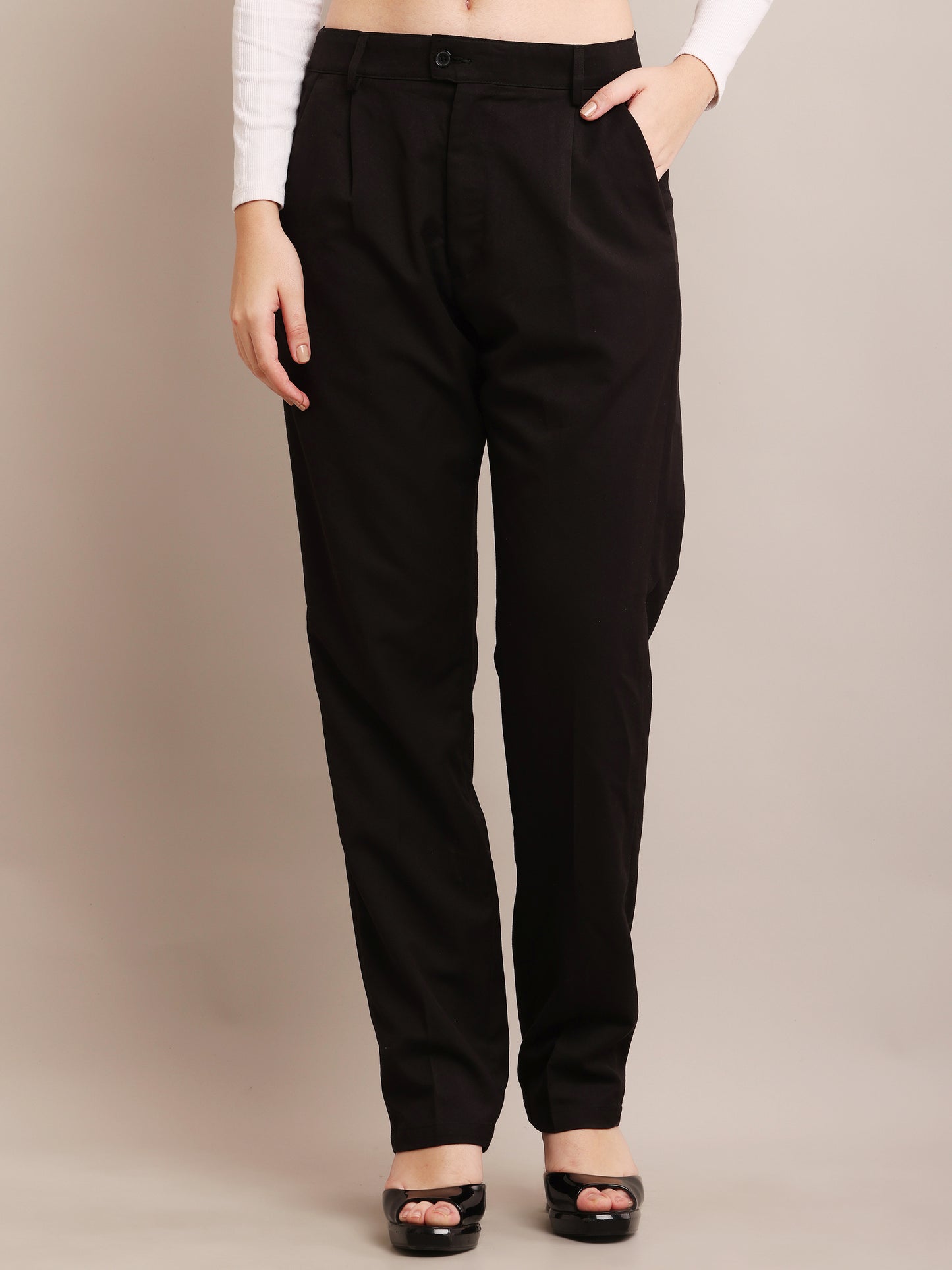 NoBarr Women's Polyester 2 side pocket Black Full Length Pant Formal