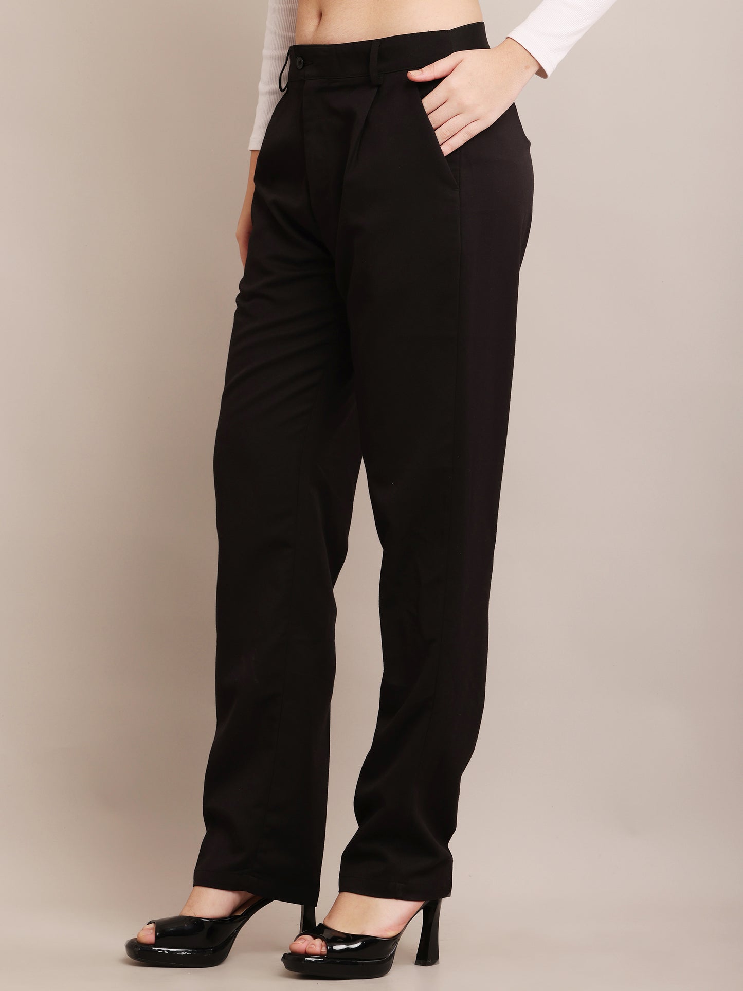 NoBarr Women's Polyester 2 side pocket Black Full Length Pant Formal