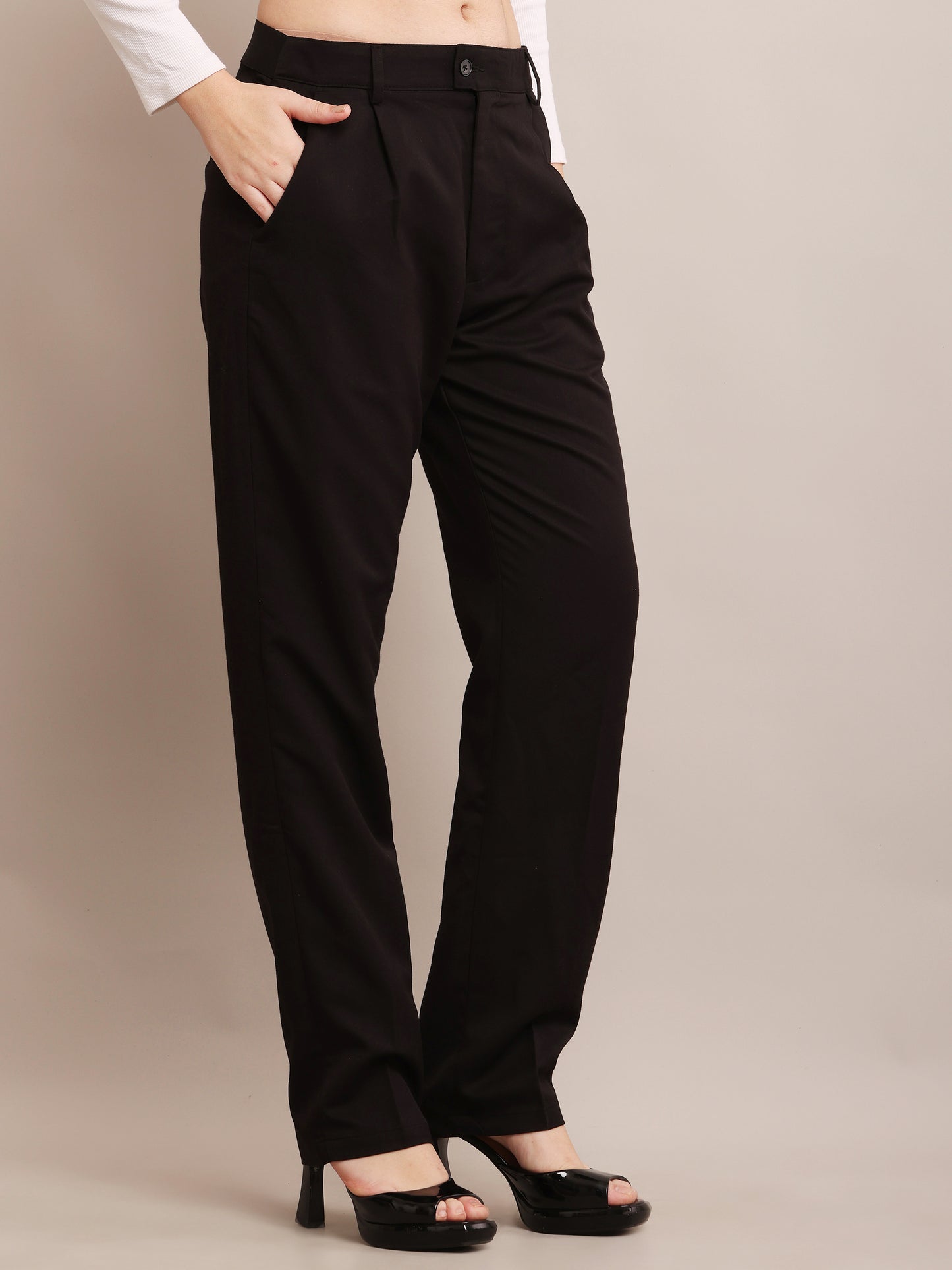 NoBarr Women's Polyester 2 side pocket Black Full Length Pant Formal