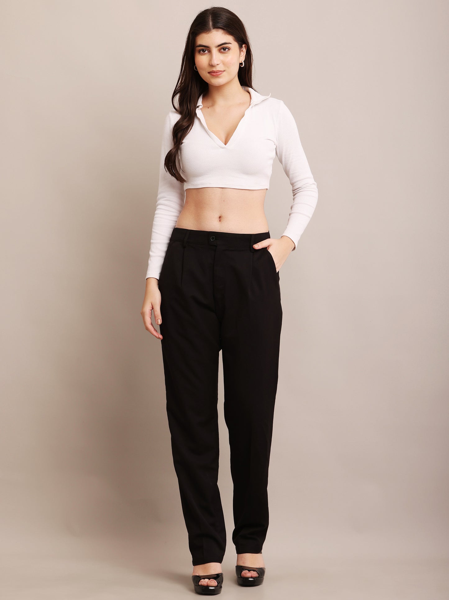 NoBarr Women's Polyester 2 side pocket Black Full Length Pant Formal