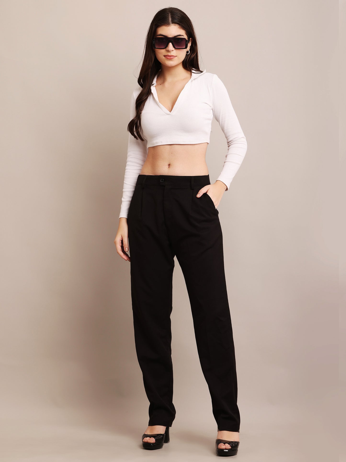 NoBarr Women's Polyester 2 side pocket Black Full Length Pant Formal