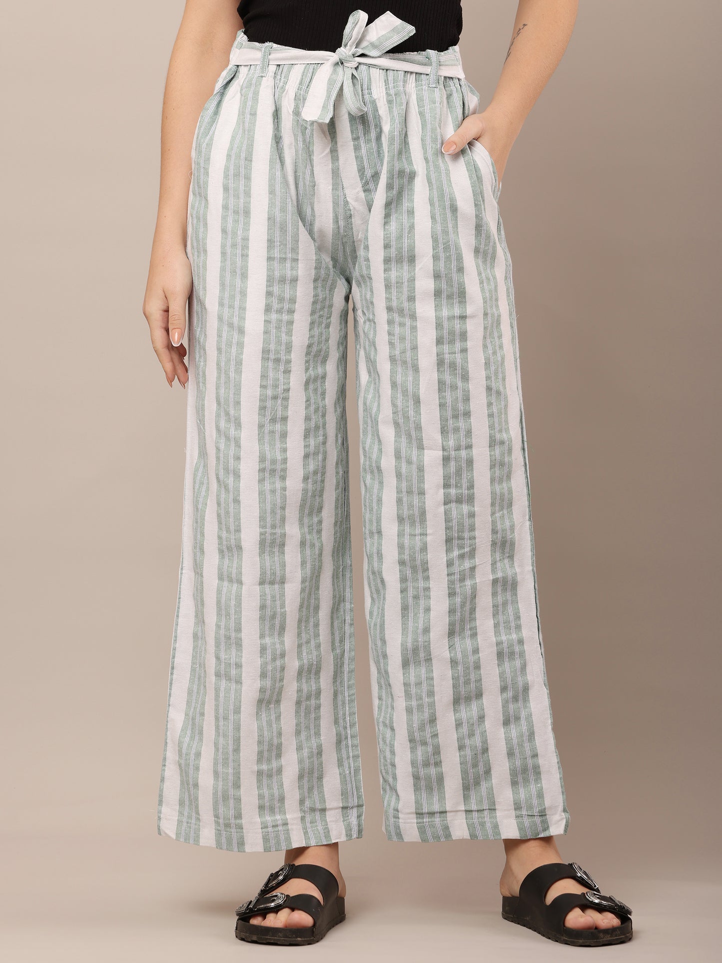 Cotton Green and White Striped Parallel Pants