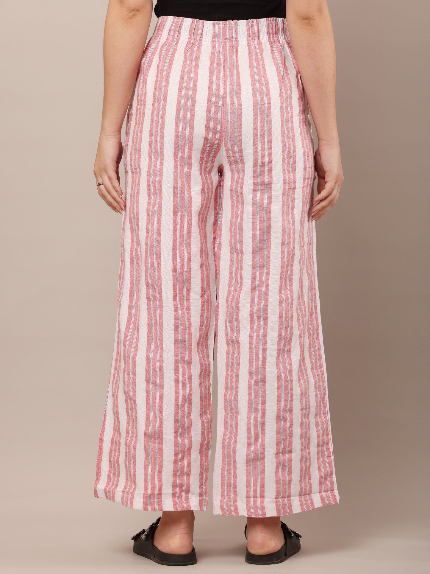 Cotton Red and White Striped Parallel Pants