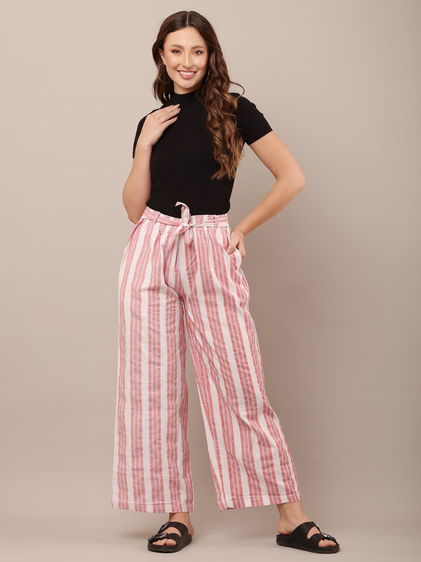Cotton Red and White Striped Parallel Pants