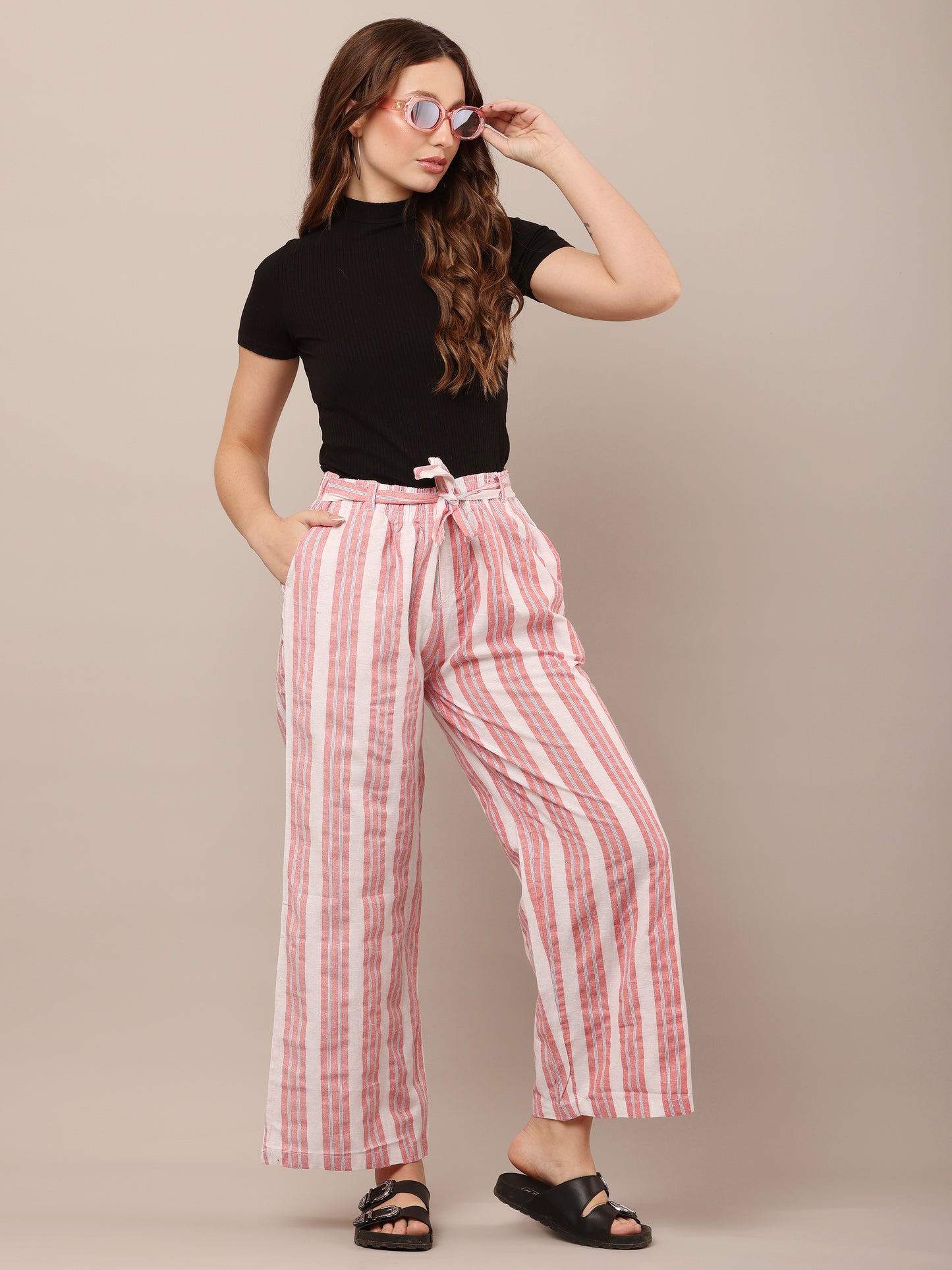 Cotton Red and White Striped Parallel Pants