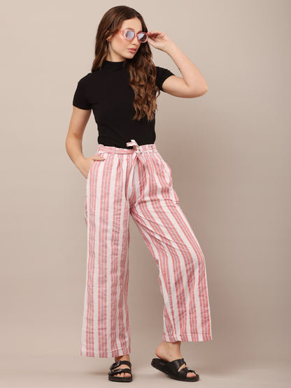 Cotton Red and White Striped Parallel Pants