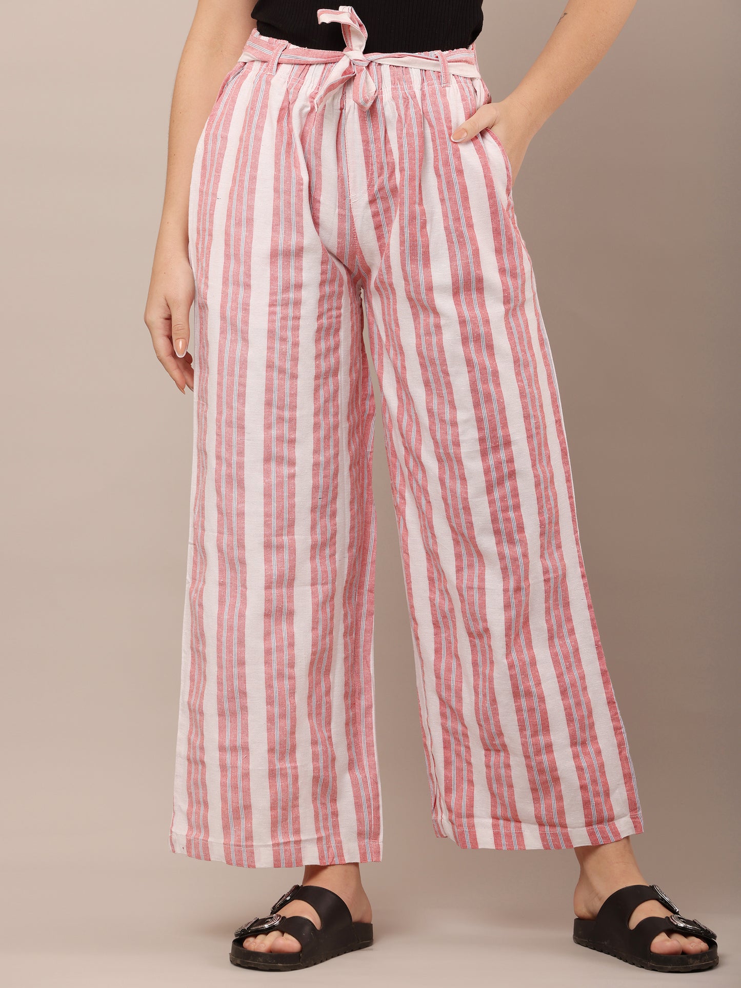 Cotton Red and White Striped Parallel Pants