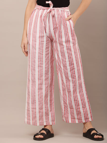 Cotton Red and White Striped Parallel Pants