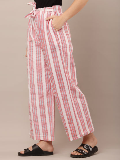 Cotton Red and White Striped Parallel Pants