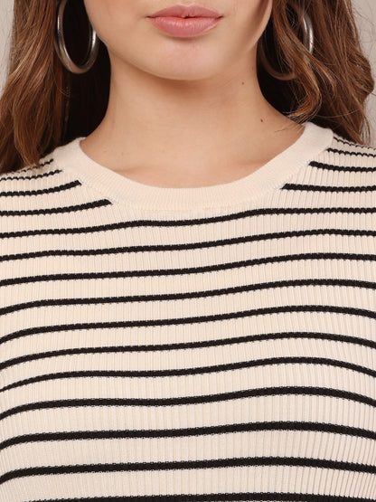 Viscose Full Sleeve with Round Neck stretchable Striped Black and white Sweater