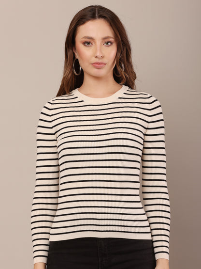 Viscose Full Sleeve with Round Neck stretchable Striped Black and white Sweater