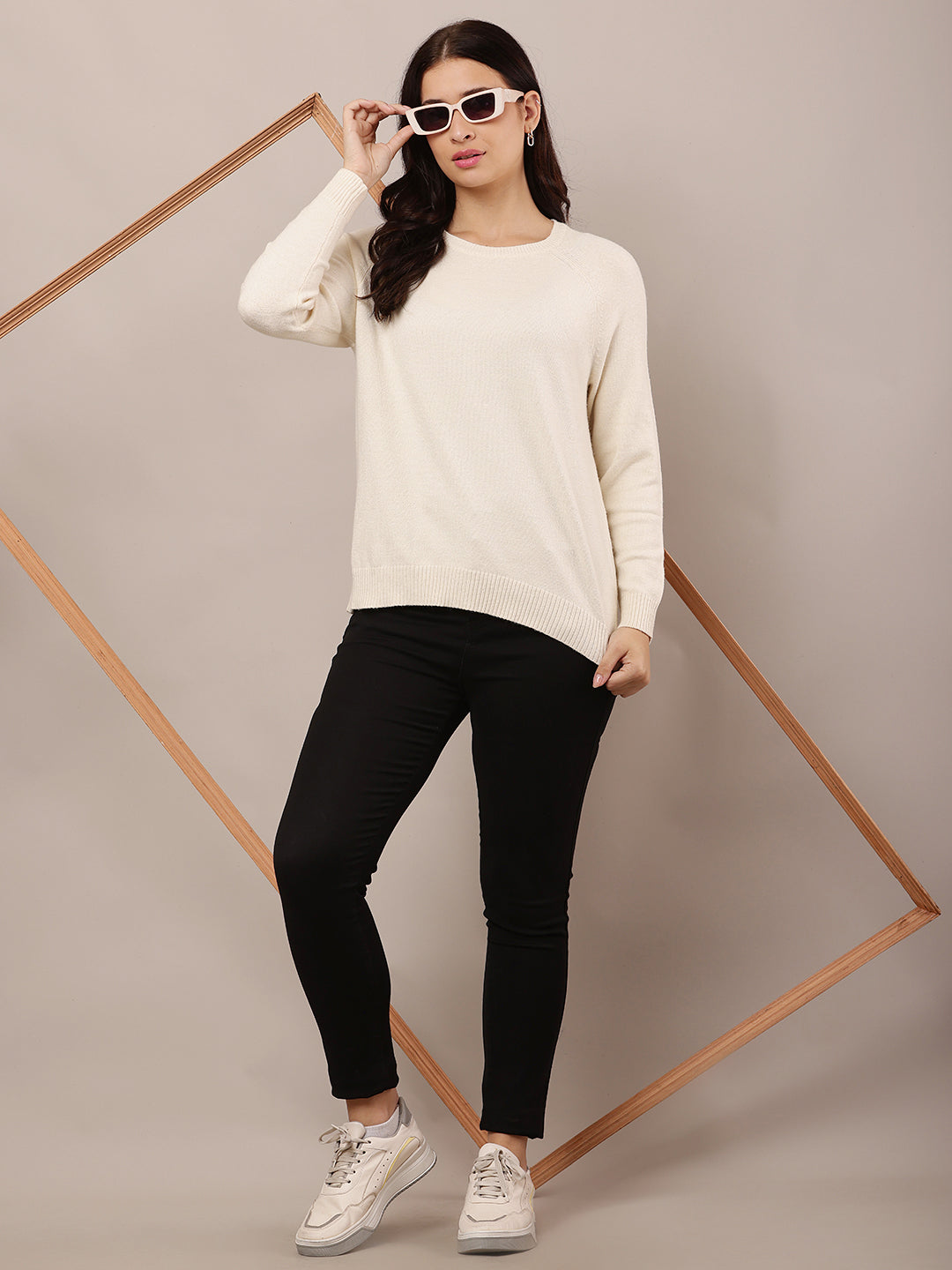 Polyester Full Sleeve with Round Neck Cream Sweater