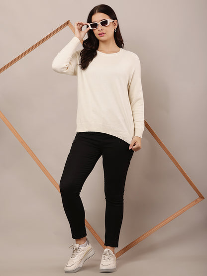 Polyester Full Sleeve with Round Neck Cream Sweater