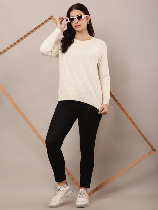 Polyester Full Sleeve with Round Neck Cream Sweater