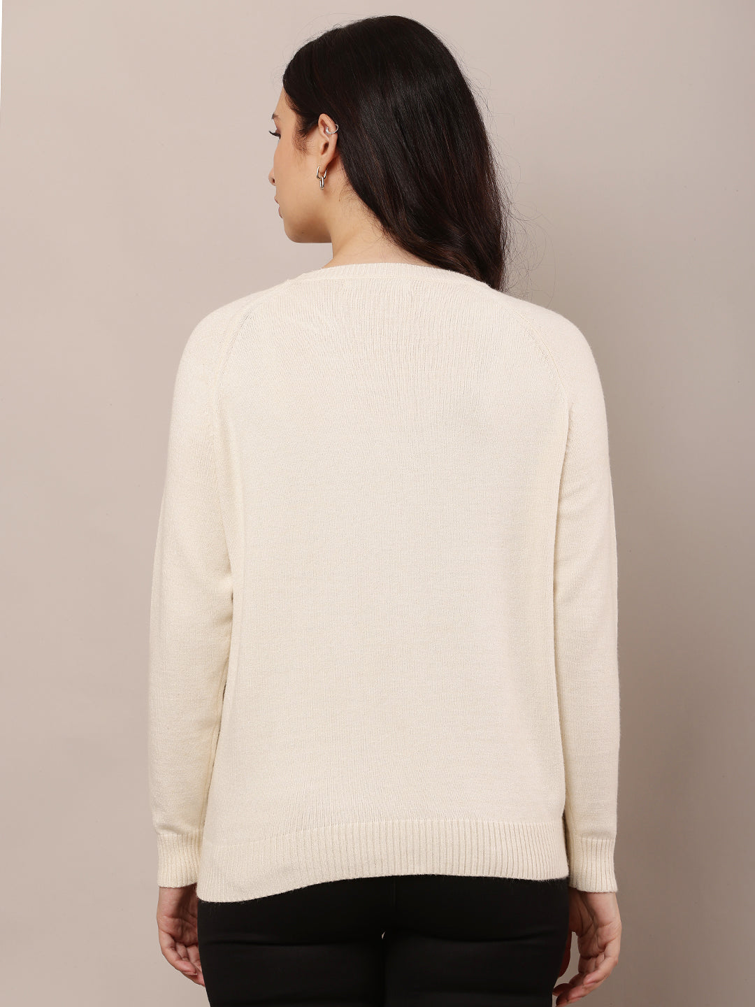 Polyester Full Sleeve with Round Neck Cream Sweater
