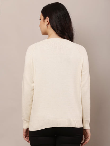 Polyester Full Sleeve with Round Neck Cream Sweater