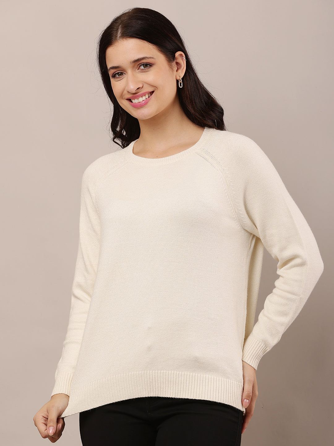 Polyester Full Sleeve with Round Neck Cream Sweater