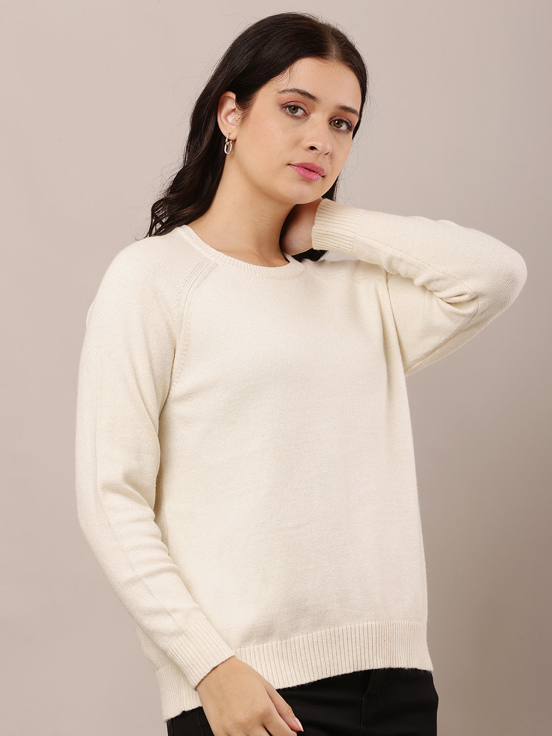 Polyester Full Sleeve with Round Neck Cream Sweater