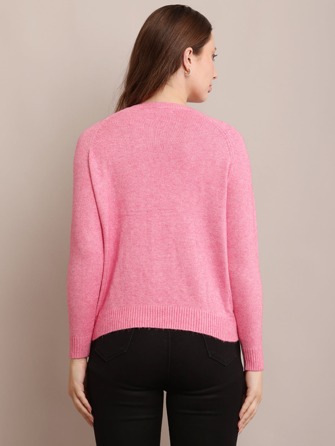 Polyester Full Sleeve with Round Neck Pink Sweater