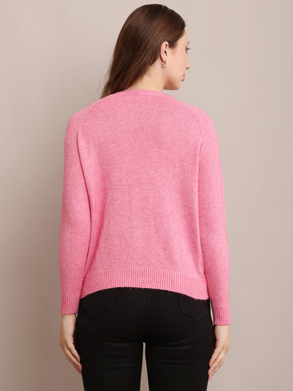 Polyester Full Sleeve with Round Neck Pink Sweater