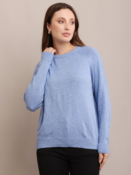 Polyester Full Sleeve with Round Neck Sky Blue Sweater