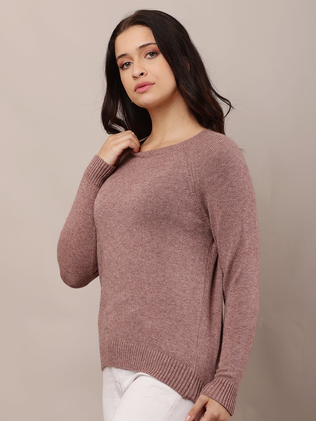 Polyester Full Sleeve with Round Neck Wine Sweater