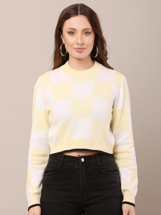 Acrylic Full Sleeve Crew Neck White and Yellow Check Sweater