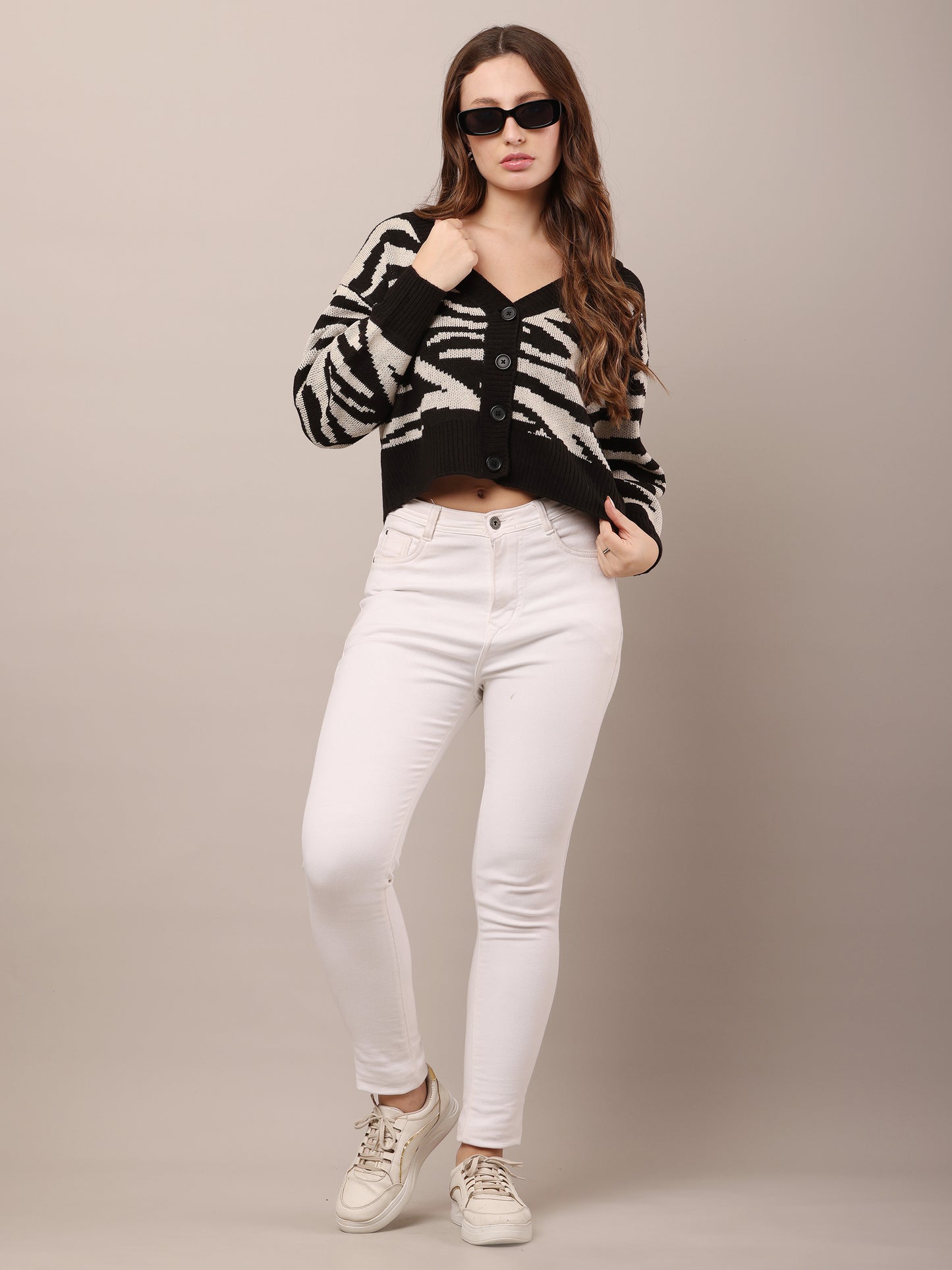 Acrylic Zebra Striped Pattern Drop Shoulder Cardigan