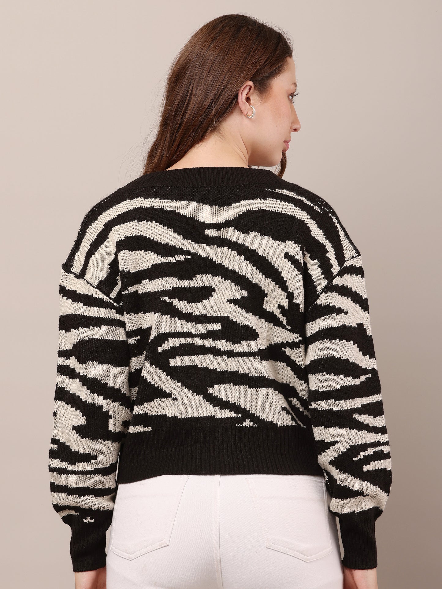 Acrylic Zebra Striped Pattern Drop Shoulder Cardigan