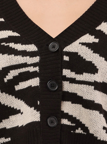 Acrylic Zebra Striped Pattern Drop Shoulder Cardigan