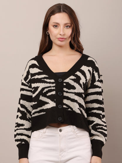 Acrylic Zebra Striped Pattern Drop Shoulder Cardigan