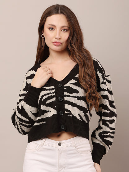 Acrylic Zebra Striped Pattern Drop Shoulder Cardigan