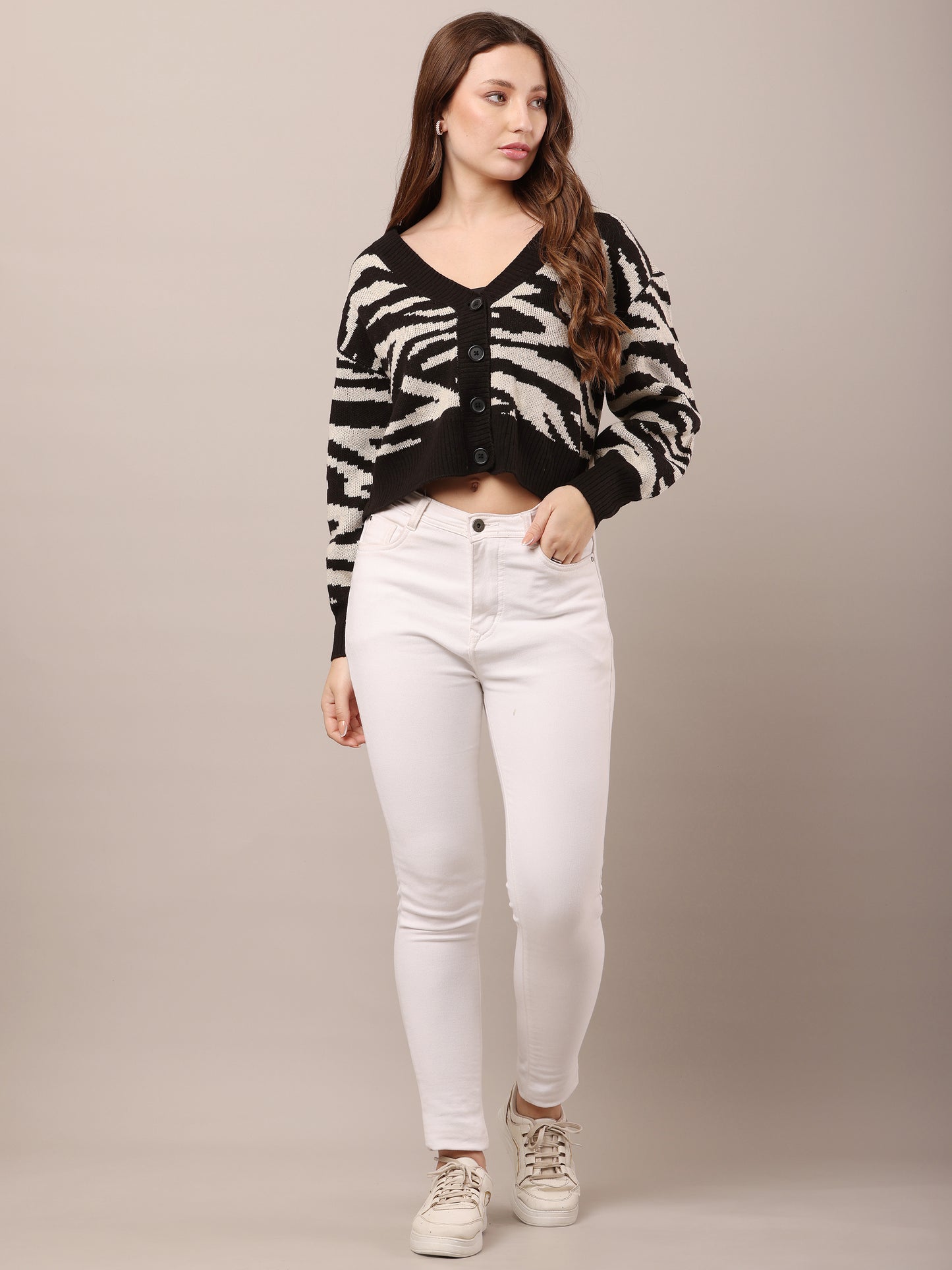 Acrylic Zebra Striped Pattern Drop Shoulder Cardigan