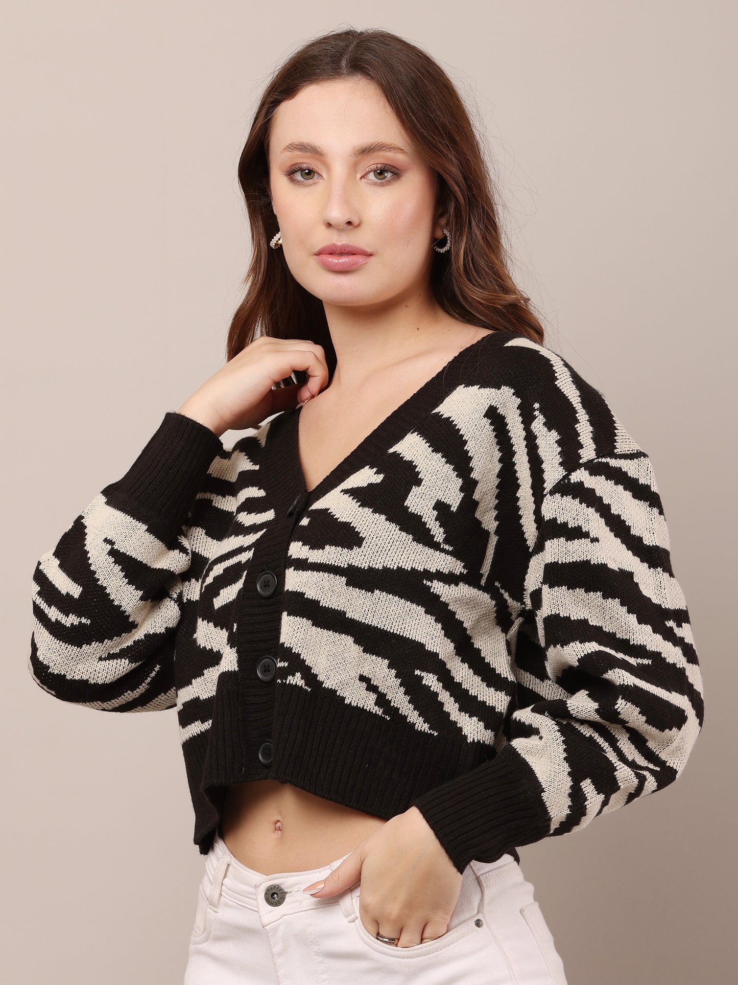 Acrylic Zebra Striped Pattern Drop Shoulder Cardigan