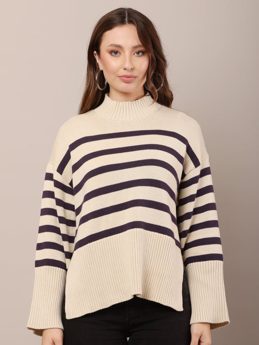 NoBarrWomen's Cotton Crew Neck with Full Sleeve dropped shoulders Rib-Knit Cream Sweater