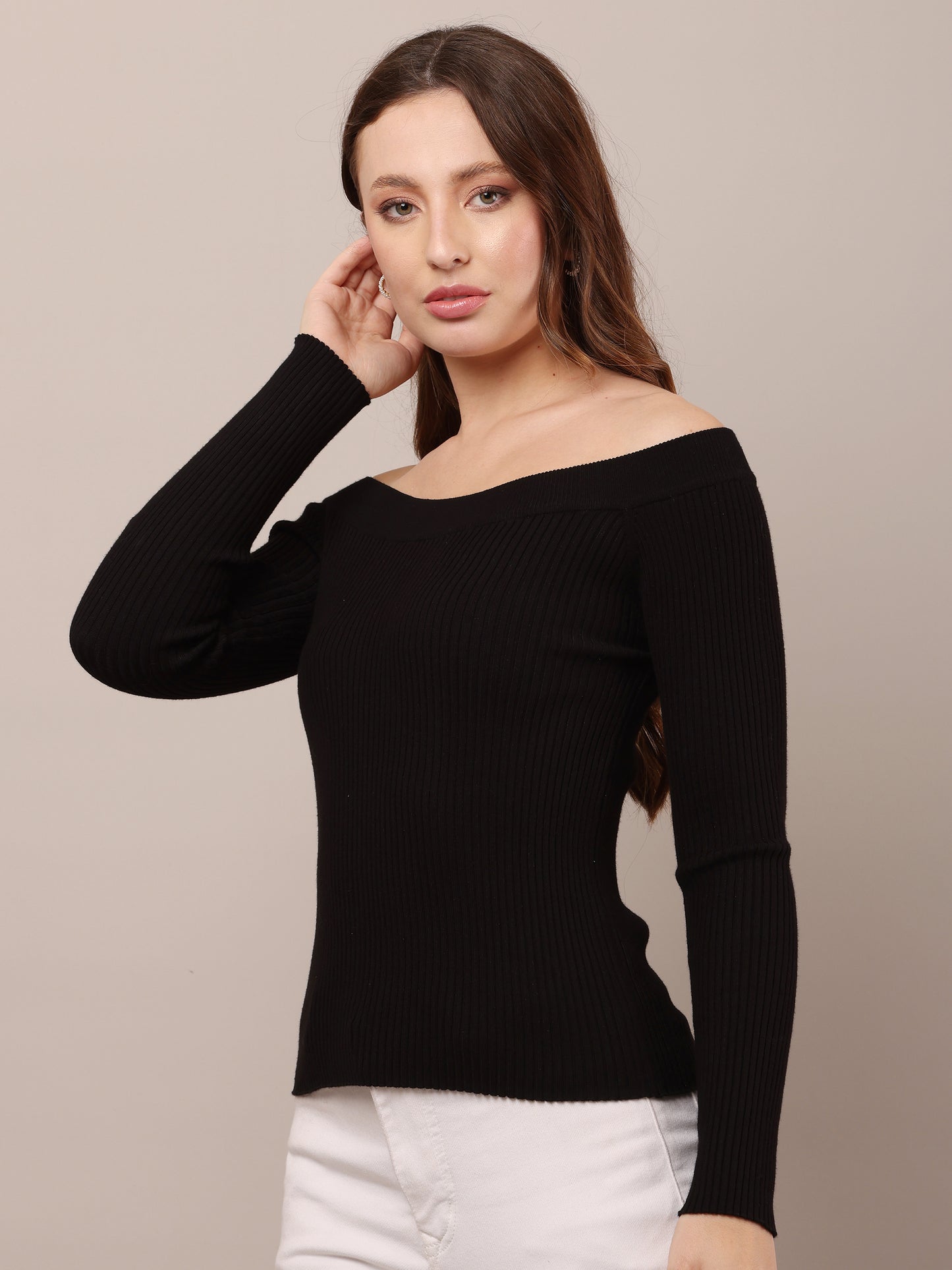 Viscose Full Sleeve with Knitted off Shoulder Black Top