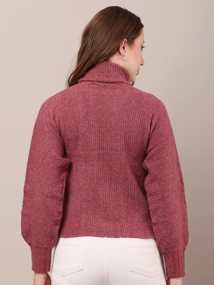 Acrylic Full Sleeve with high neck cable knit wine sweater