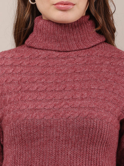Acrylic Full Sleeve with high neck cable knit wine sweater