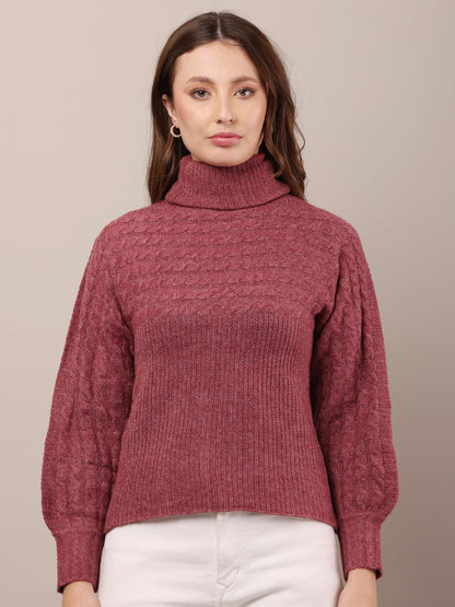 Acrylic Full Sleeve with high neck cable knit wine sweater