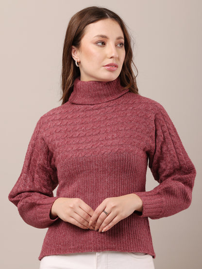 Acrylic Full Sleeve with high neck cable knit wine sweater