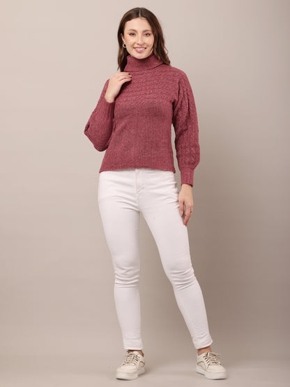 Acrylic Full Sleeve with high neck cable knit wine sweater