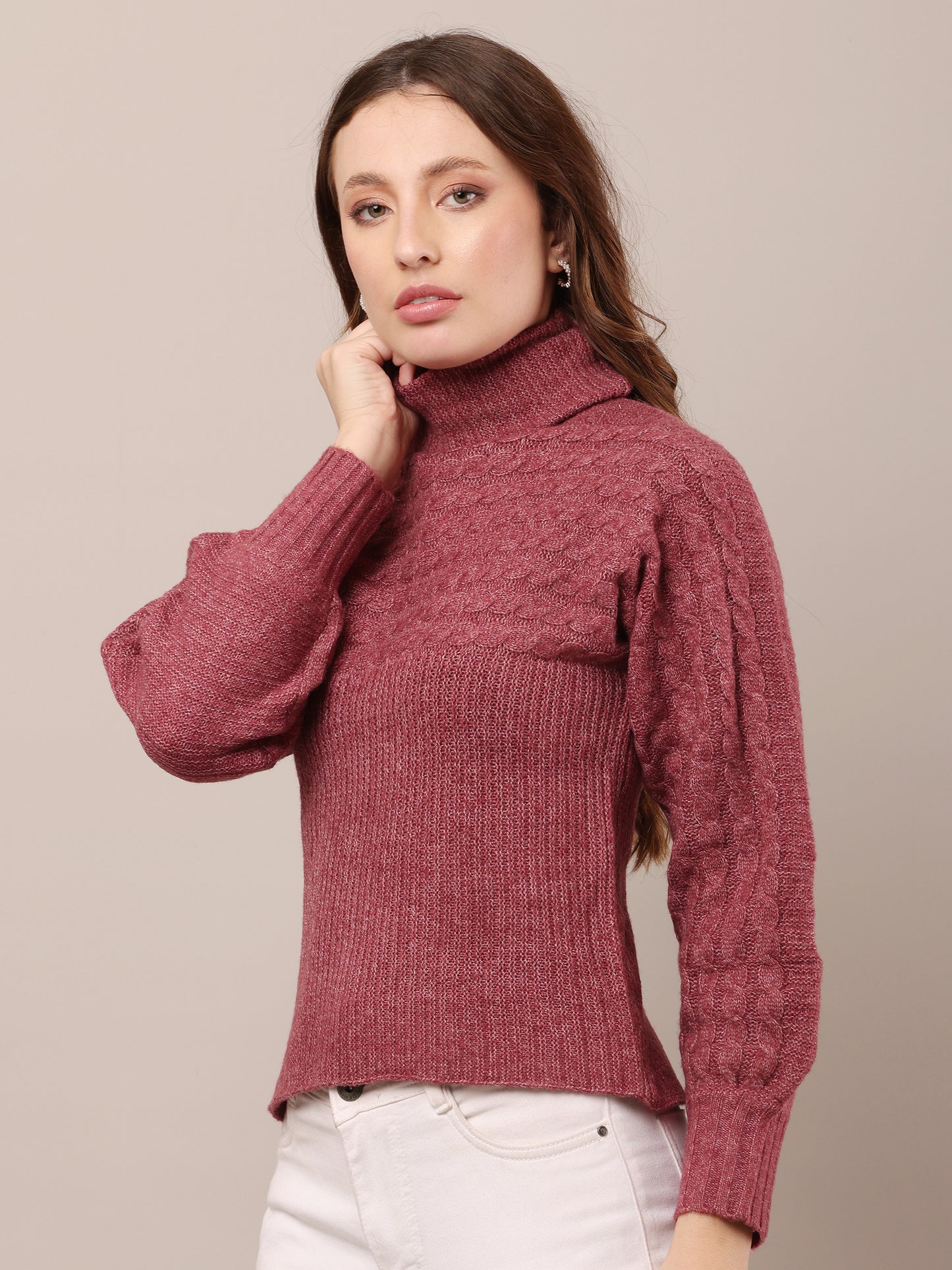 Acrylic Full Sleeve with high neck cable knit wine sweater