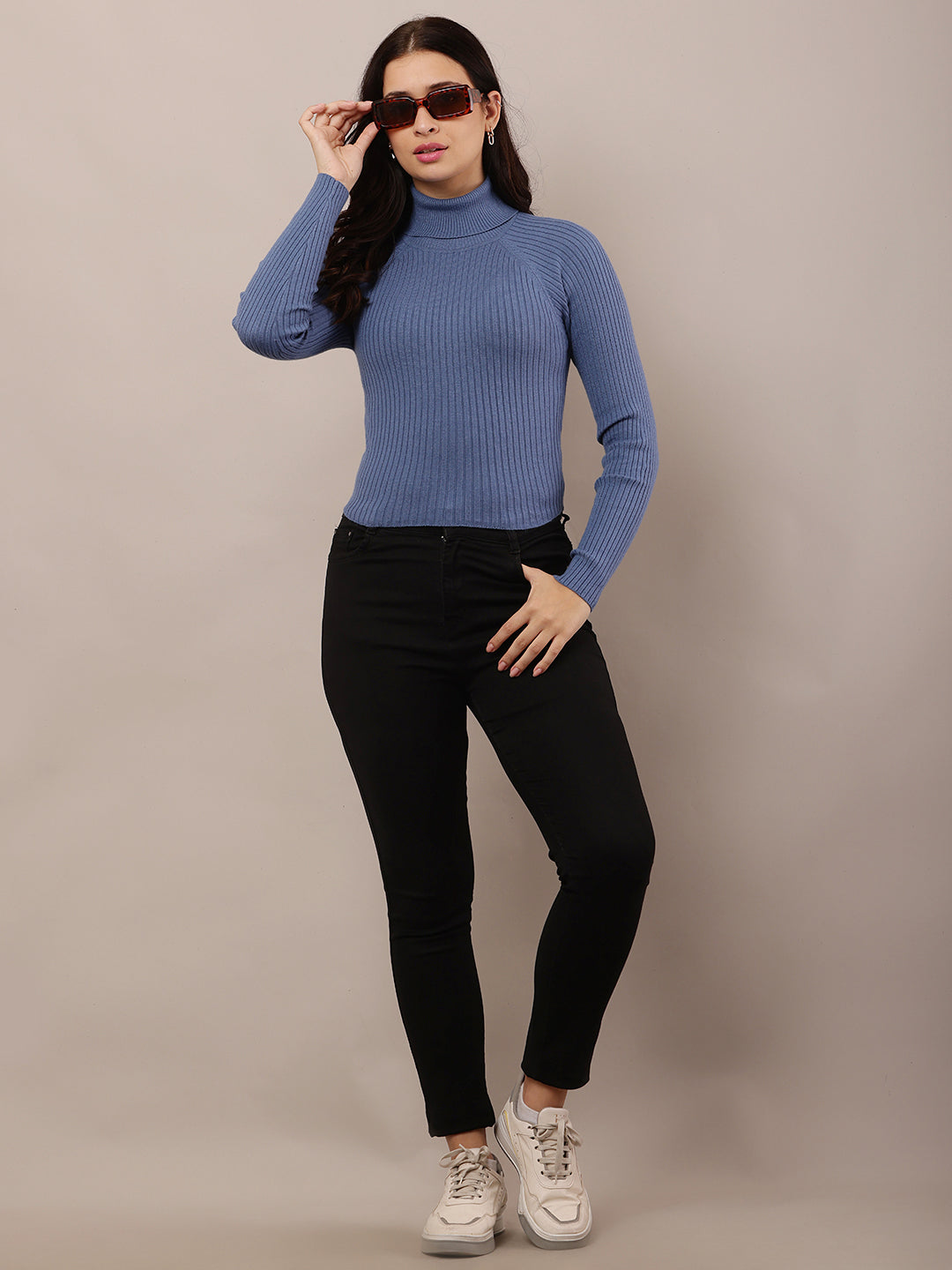 Cotton Raglan Full Sleeve with high-neck ribbed Blue sweater
