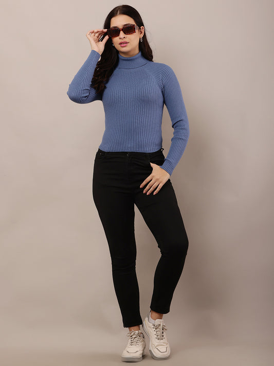 Cotton Raglan Full Sleeve with high-neck ribbed Blue sweater