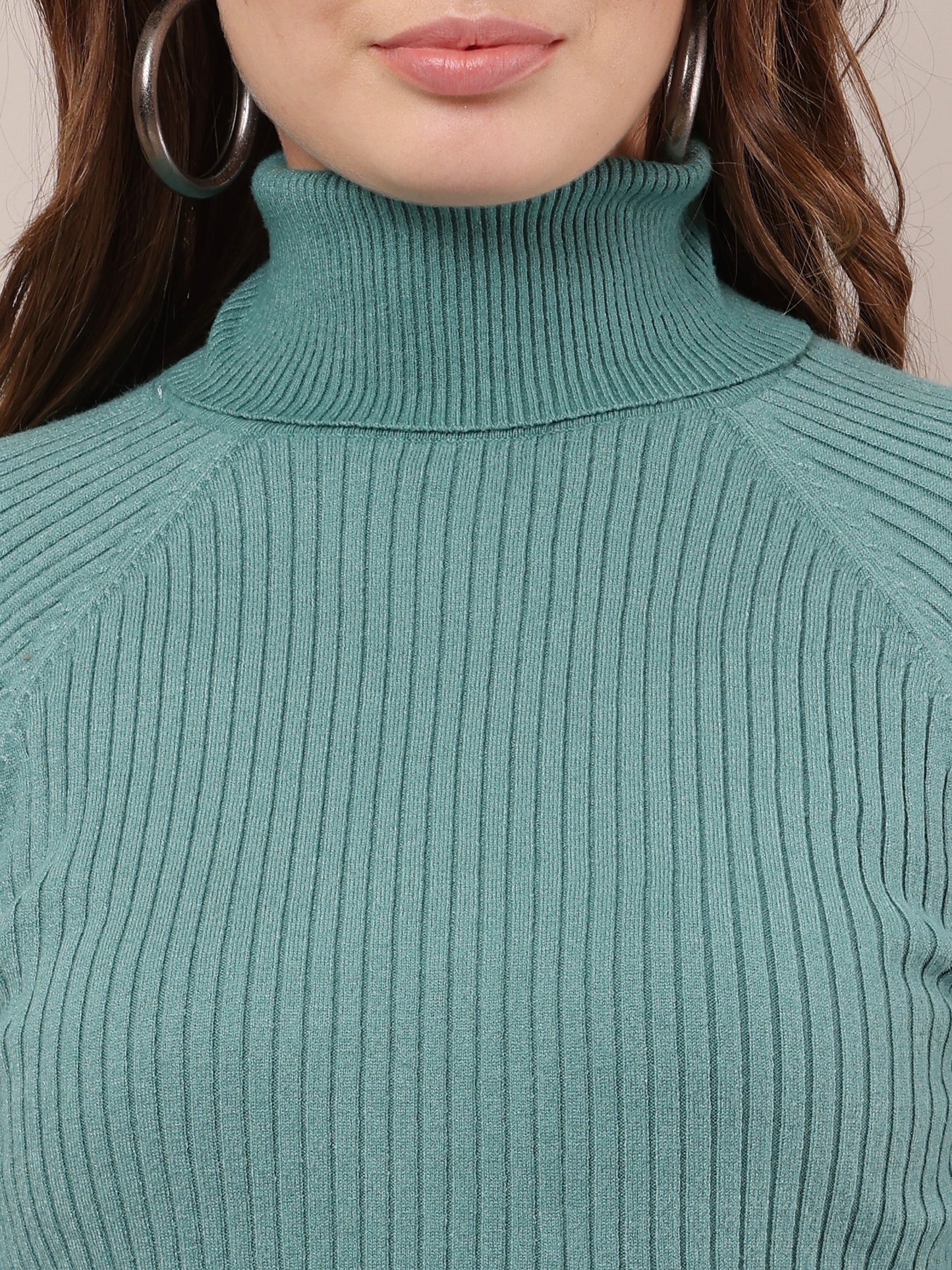 Cotton Raglan Full Sleeve with high-neck ribbed sea green sweater