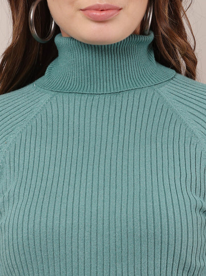 Cotton Raglan Full Sleeve with high-neck ribbed sea green sweater