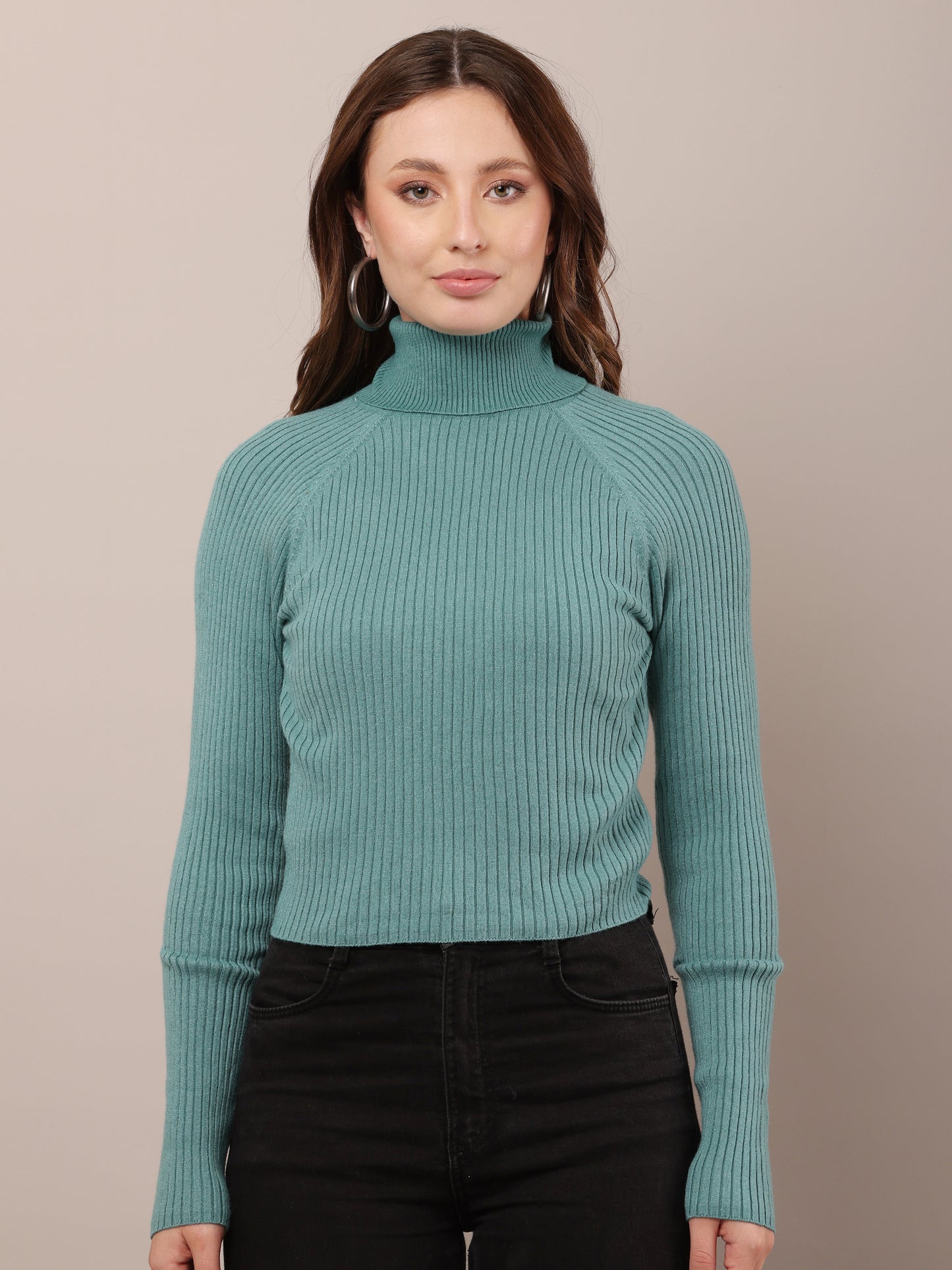 Cotton Raglan Full Sleeve with high-neck ribbed sea green sweater